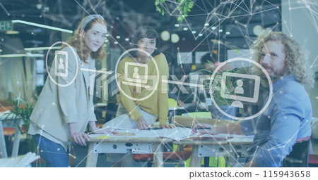 Image of network of connections with icons over diverse business people working at office Image of network of connections with icons over diverse business people working at office 115943658