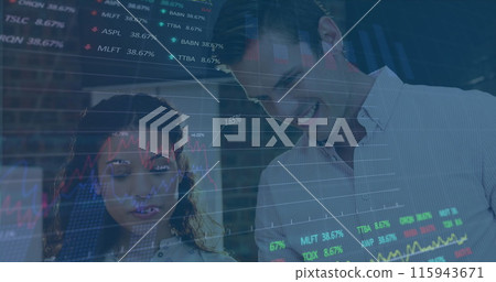 Image of graphs, trading board over diverse male manager explaining reports to female colleague Image of graphs, trading board over diverse male manager explaining reports to female colleague 115943671