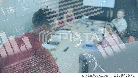 Image of data processing over diverse business people having meeting at office Image of data processing over diverse business people having meeting at office 115943673