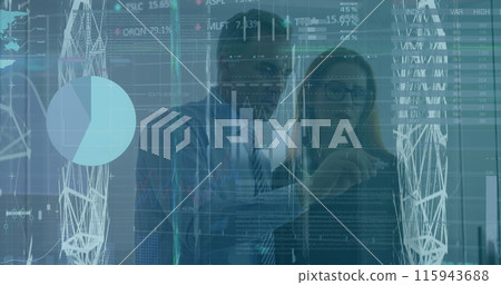 Image of infographic interface, caucasian coworkers brainstorming on transparent board in office Image of infographic interface, caucasian coworkers brainstorming on transparent board in office 115943688