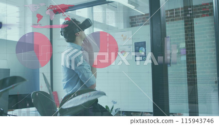 Image of financial data processing over biracial businessman wearing vr headset in office Image of financial data processing over biracial businessman wearing vr headset in office 115943746