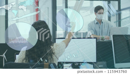 Image of data processing over caucasian businessman in face mask in office Image of data processing over caucasian businessman in face mask in office 115943760