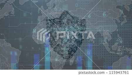 Image of cyber security concept icons and data processing against world map on grey background Image of cyber security concept icons and data processing against world map on grey background 115943761