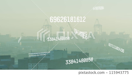 Image of numbers and data processing over cityscape 115943775