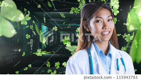 Image of mathematical equations and clovers over asian female doctor Image of mathematical equations and clovers over asian female doctor 115943783