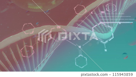 Image of bubbles over dna strand and chemical formula on blue background 115943859