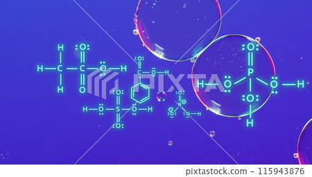 Image of chemical formula over bubbles on blue background Image of chemical formula over bubbles on blue background 115943876