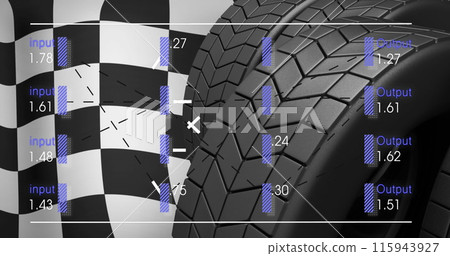 Image of finish flag and data processing over tyres Image of finish flag and data processing over tyres 115943927
