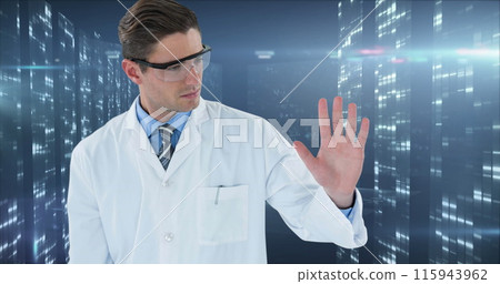 The doctor is touching an invisible screen, representing healthcare and medical technology The doctor is touching an invisible screen, representing healthcare and medical technology 115943962