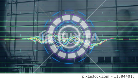 Image of round scanner and data processing against time-lapse of people walking at office Image of round scanner and data processing against time-lapse of people walking at office 115944015