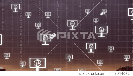 Image of network of screen icons with globes over landscape 115944022