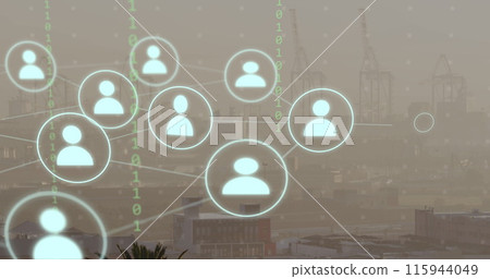 Image of network of connections with icons and binary coding over cityscape 115944049