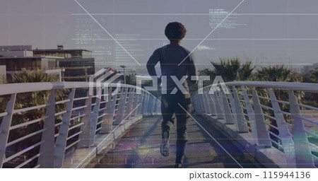 Image of computer language over rear view of african american man running on footbridge in city 115944136