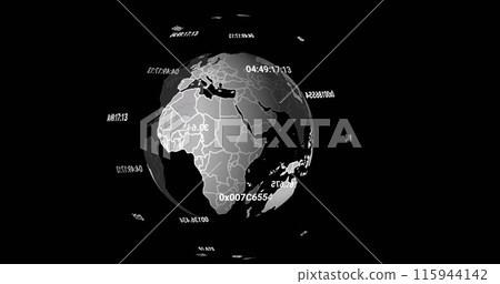 Image of globe with data processing spinning on black background Image of globe with data processing spinning on black background 115944142