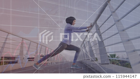 Image of graphs and circle with grid over biracial woman in hijab stretching on footbridge 115944147