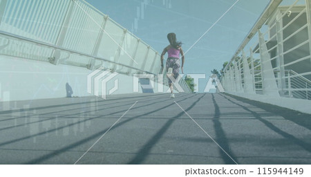 Image of graphs moving over african american female athlete running on footbridge in city Image of graphs moving over african american female athlete running on footbridge in city 115944149