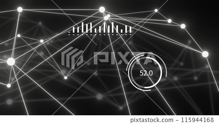 Image of data processing, network of connections with glowing nodes over black background 115944168