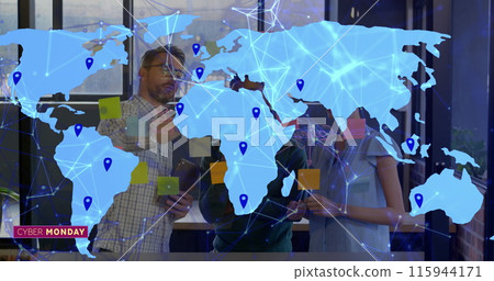 Image of map with gps and connected dots over diverse colleagues discussing over sticky notes Image of map with gps and connected dots over diverse colleagues discussing over sticky notes 115944171