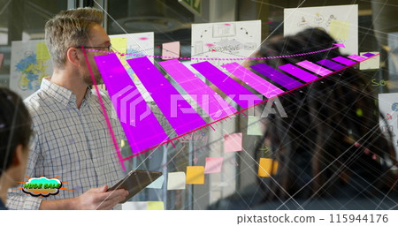Image of graphs over diverse businessman with tablet explaining project ideas to coworkers 115944176