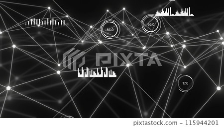 Image of network of connections with glowing nodes over black background 115944201