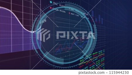 Image of loading circles, shield over graphs and trading boards against black background 115944230