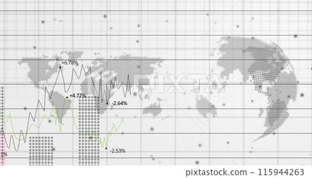 Image of statistical data processing over world map and spinning globe against white background 115944263