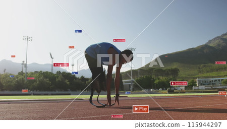 Image of notification bars over african american athlete performing stretching in race track 115944297