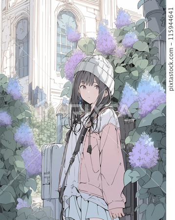 A girl came to see hydrangeas in full bloom 115944641