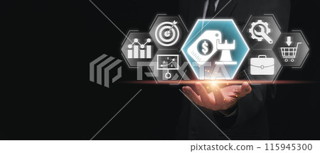 Innovative Pricing Strategy Concept with Business Icons and Hand Gesture on Black Background for Marketing and Financial Analysis 115945300