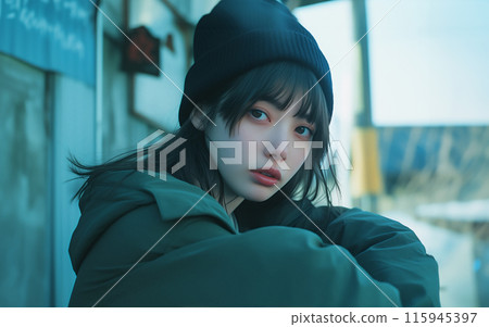 戴著針織帽的街頭時尚女孩 戴著針織帽的街頭時尚女孩 115945397