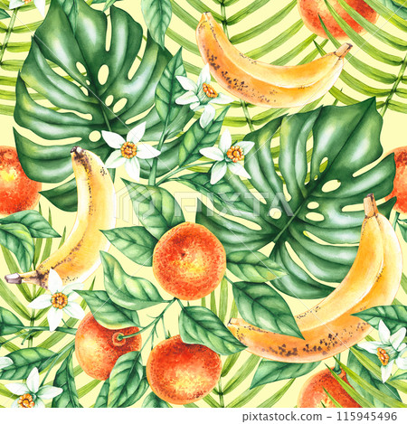 Watercolor tropical pattern with mandarin, banana, tropical leaves 115945496