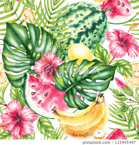 Watercolor tropical pattern with watermelon, lemon, banana, tropical leaves and hibiscus Watercolor tropical pattern with watermelon, lemon, banana, tropical leaves and hibiscus 115945497