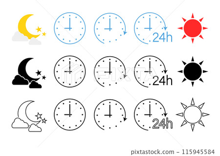 A set of icons showing the daily cycle of the clock, sun, and moon 115945584