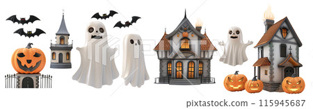 11 styles of models in Halloween theme, ghost, bat, haunted house and Jack-o'-lantern pumpkins. Set of isolated Halloween decorations on transparent background. 11 styles of models in Halloween theme, ghost, bat, haunted house and Jack-o'-lantern pumpkins. Set of isolated Halloween decorations on transparent background. 115945687