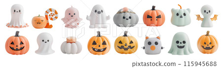 16 styles of cute dolls in Halloween theme, ghost and Jack-o'-lantern pumpkins. Set of isolated Halloween decorations on transparent background. 16 styles of cute dolls in Halloween theme, ghost and Jack-o'-lantern pumpkins. Set of isolated Halloween decorations on transparent background. 115945688