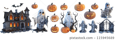 17 styles of models in Halloween theme, ghost, bat, haunted house and Jack-o'-lantern pumpkins in dark color tone. Set of isolated Halloween decorations on transparent background. 115945689