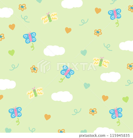 Illustration of butterfly, flowers, heart, cloud on a pastel green background for picnic, wallpaper, spring, summer, backdrop, ad template, fabric print, kid clothes, textile, nature, garden pattern Illustration of butterfly, flowers, heart, cloud on a pastel green background for picnic, wallpaper, spring, summer, backdrop, ad template, fabric print, kid clothes, textile, nature, garden pattern 115945835