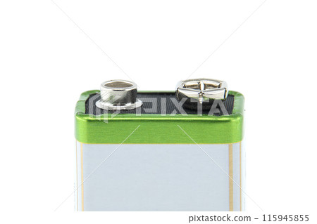 Close-up view of a 9-volt battery showing positive and negative terminals Close-up view of a 9-volt battery showing positive and negative terminals 115945855