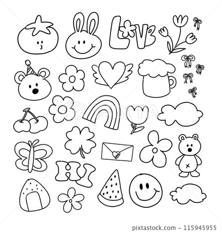 Outlines of teddy bear, bunny, flowers, cherry, watermelon, butterfly, tomato, clover leaf, onigiri rice, cloud, rainbow, heart for colouring book, tattoo, summer, cartoon, happy emoji, food, kids toy 115945955