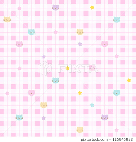 Illustrations of cat pattern on a pastel pink square plaid background for animal wallpaper, backdrop, pet clothes, adopt pet, gift wrap, packaging, duvet, fabric, garment, textile, poster, cartoon 115945958