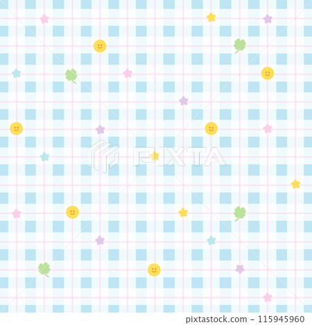 Blue square plaid with happy emoji, clover leaf and star pattern for background, wallpaper, backdrop, gift wrap, packaging, duvet, fabric, garment, textile, cartoon, kid cloth, pyjamas, picnic blanket 115945960