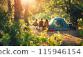A family embracing the great outdoors pitching their tent in a serene forest setting and gathering around a cozy campfire as the sun sets 115946154