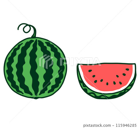 圓形西瓜和切西瓜的彩色插圖 115946285