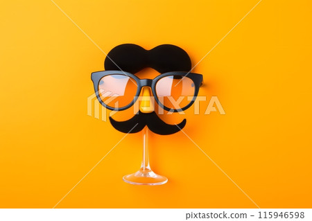 Father's Day Holiday Concept. Transparent glasses, stylish black paper photo booth props moustaches on orange background. 115946598