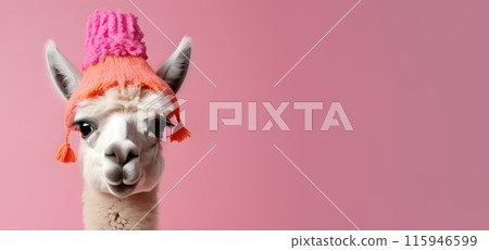 Little funny alpaca on pink background. 115946599