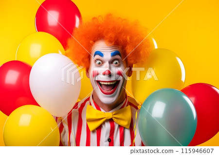 Portrait of a smiling clown with balloons isolated on yellow 115946607