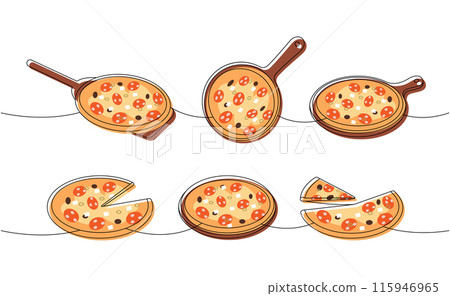 Set of pizza on wooden boards one line colored continuous drawing. Traditional italian fast food continuous one line illustration. Vector illustration 115946965