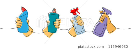 Hands with toilet cleaners one line colored continuous drawing. Cleaning service tools continuous one line illustration. Vector linear illustration. 115946980