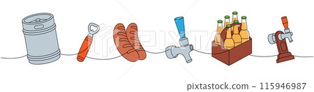 Set of beer one line colored continuous drawing. Metal keg, bottle opener, sausages, beer tap continuous one line illustration. Vector illustration. Set of beer one line colored continuous drawing. Metal keg, bottle opener, sausages, beer tap continuous one line illustration. Vector illustration. 115946987