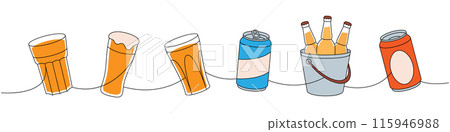 Beer pub elements one line colored continuous drawing. Beer bottles, can, glass, mug continuous one line illustration. Vector linear illustration. Beer pub elements one line colored continuous drawing. Beer bottles, can, glass, mug continuous one line illustration. Vector linear illustration. 115946988